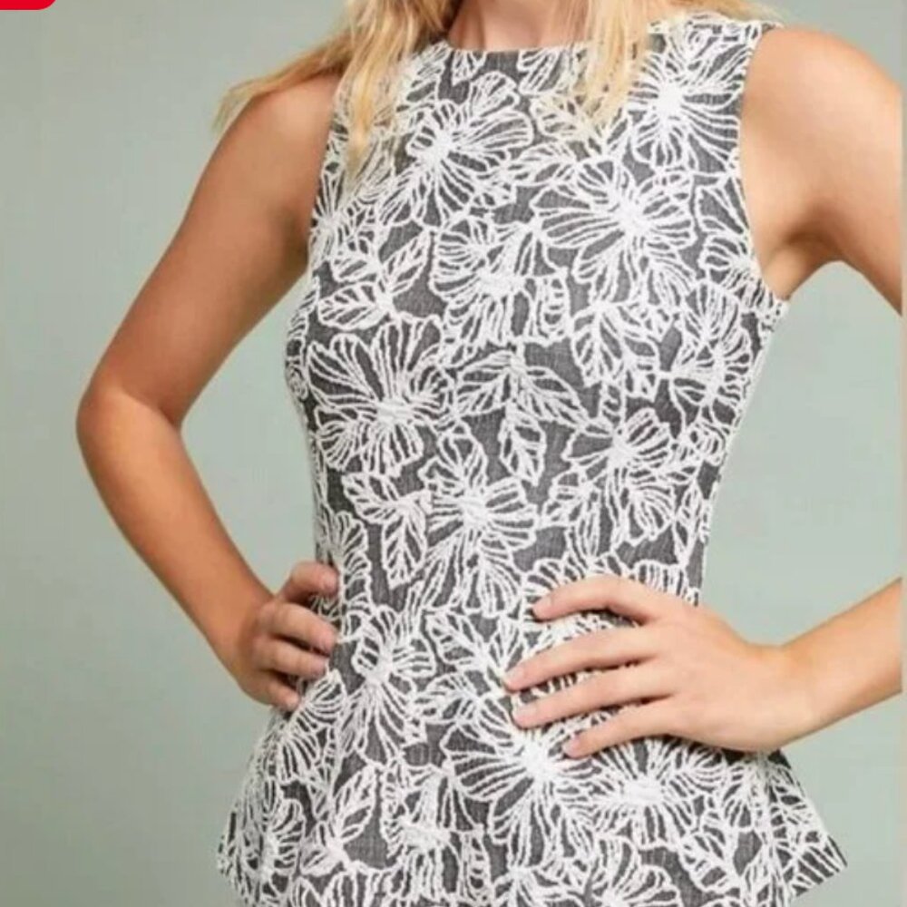 Anthropologie Vanessa Virginia Black White Textured Floral Peplum Top XS